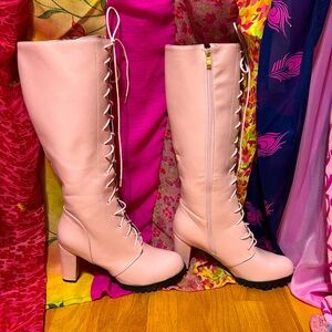 Knee-high, pink faux leather, lace-up, high heel boots, EU 45 (US 13); NWOT.